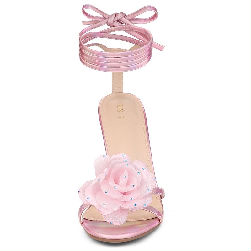 Allegra K Women's Flower Rhinestone Open Toe Lace Up Stiletto Heels Sandals, 2 of 6