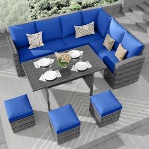 Garvee 7 Piece Outdoor Sectional Sofa with Dining Table,Patio Sectional Sofa Conversation Set All Weather Wicker Rattan Couch Dining Table & Chair - 1 of 4