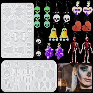 JDICTION 2Pcs Halloween Pendant Silicone Molds - Ghost Skull Skeleton Heart Earring Molds with Hole for DIY Jewelry Keychain Decor - 1 of 4