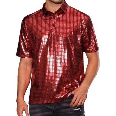 Lars Amadeus Men's Short Sleeves Hipster Shiny Disco Golf Metallic Polo Shirts