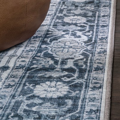 Blue and Cream Medallion Washable Synthetic Area Rug 5'3" x 7'7"