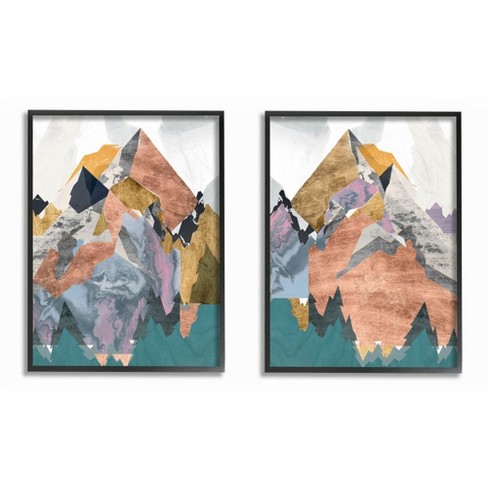 Stupell Industries Foil Collage Mountain Landscape Abstract Designs Black  Framed Giclee 2pc Set, 16 x 20