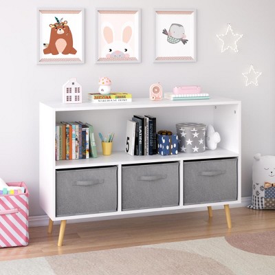 KTMBDW Kids bookcase with Collapsible Fabric Drawers, Children's Book Display, Toy Storage Cabinet Organizer, White/Gray