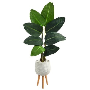 Nearly Natural 5-ft Travelers Palm Artificial Tree in White Planter with Stand - 1 of 4