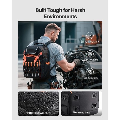 VEVOR Tool Backpack, 45 Pockets, Heavy-duty Tools Storage Organizer Work Bags with Laptop Compartment & Reinforced Fabric Basee, Black+Orange — фото 4