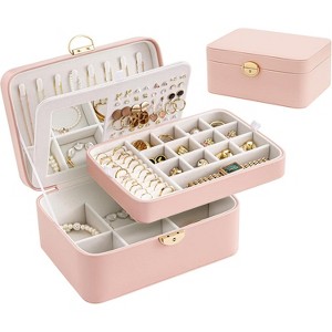2-Layer Jewelry Box for Teen Girls, Bow Clasp Organizer with Mirror for Earrings & Rings, Blue - 1 of 4