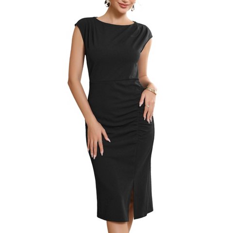 Женские платья INSPIRE CHIC Women's Sheath Sleeveless Boat Neck Ruched Midi Formal Work Dresses X-Large Black