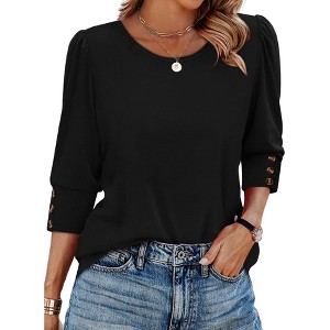 Women's 3/4 Sleeve Button Dressy Blouse Casual Round Neck Tops Summer Outfits Beach Plus Size Flowy Spring Shirt - 1 of 4