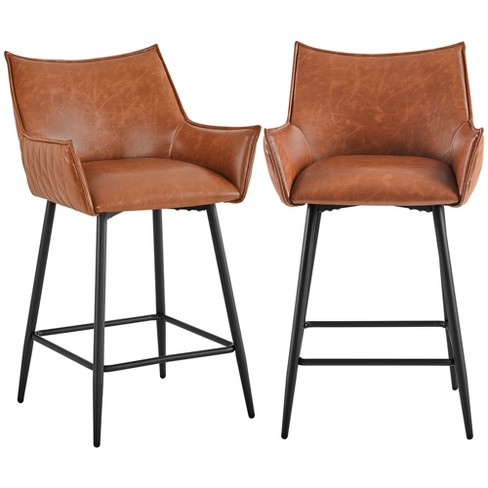 Yaheetech Set of 2 Modern PU Leather Bar Stools with Metal Legs for Kitchen Island Bar Counter Brown