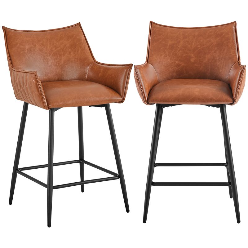 Yaheetech Set of 2 Modern PU Leather Bar Stools with Metal Legs for Kitchen Island Bar Counter, Brown, 1 of 7