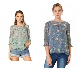 Allegra K Women's Round Neck Ruffle 3/4 Sleeve Floral Print Chiffon Blouse 2 Pcs - 1 of 4