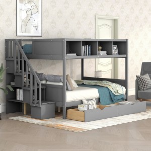 Twin over Full Bunk Bed with Shelves, Storage Staircase and 2 Drawers 4N - ModernLuxe - 1 of 4