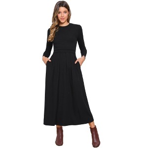 INSPIRE CHIC Women's High Waist Pleated Front Long Sleeve A-Line Ribbed Knitted Maxi Dress - 1 of 4