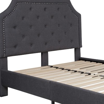 Transitional Full Platform Bed with Tufted Upholstery and Nailhead Trim in Dark Gray