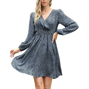 Coolmee Women's Casual Midi Dress Leopard Print Long Sleeve V-Neck Elastic Waist Dress - 1 of 4