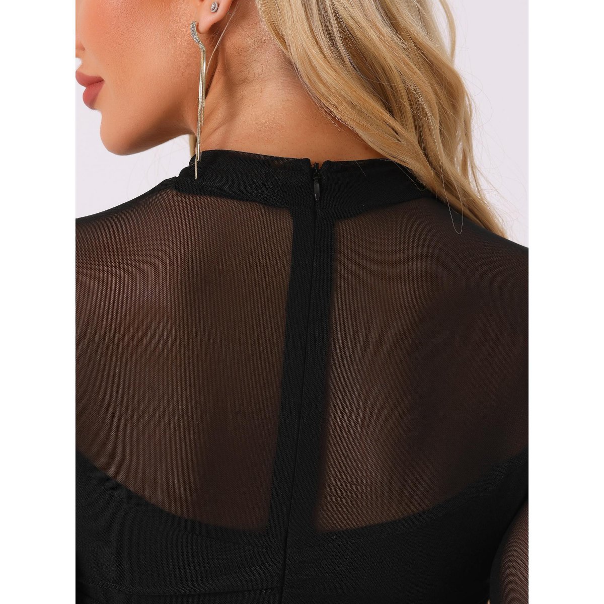 Женские платья INSPIRE CHIC Women's Mesh Mock Neck Long Sleeve Ruched Elegant Cocktail Bodycon Dress Black Medium — фото 5