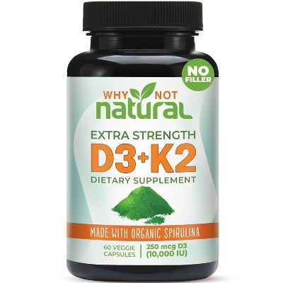 Why Not Natural Vitamin D3 K2 (MK-7) with Organic Spirulina, 10000 IU Extra Strength, Supports Bone, Immune & Mood Health,  60 Vegan Capsules