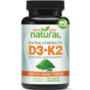 Why Not Natural Vitamin D3 K2 (MK-7) with Organic Spirulina, 10000 IU Extra Strength, Supports Bone, Immune & Mood Health,  60 Vegan Capsules - 1 of 4