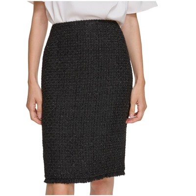 Calvin Klein Womens Tweed Fringe Trim Pencil Skirt