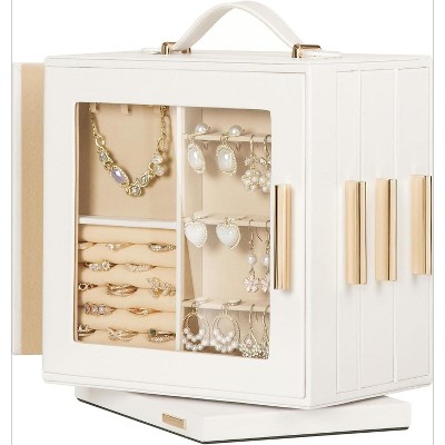 Jewelry Box 360° Rotating, Necklace Earring Organizer with Transparent Window, Mirror, 7 Drawers