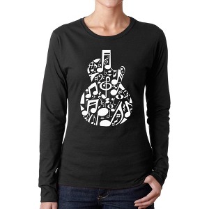 LA Pop Art Music Notes Guitar - Women's Word Art Long Sleeve T-Shirt - 1 of 4