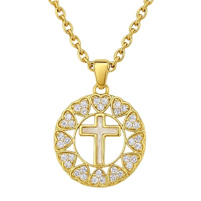 Gold Stainless Steel Cross Pendant Necklace with Heart Crystals, Modern O-Link Chain, Unisex Jewelry for Daily & Special Occasions