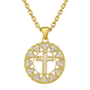 Gold Stainless Steel Cross Pendant Necklace with Heart Crystals, Modern O-Link Chain, Unisex Jewelry for Daily & Special Occasions - 1 of 4