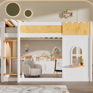 Twin over Twin/Full over Full Bunk Bed with Storage Shelves, Window & Two Doors, White+Natural - ModernLuxe - 1 of 4
