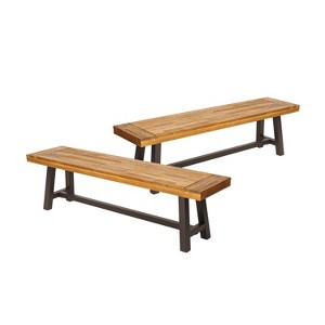 Christopher Knight Home 2pc Carlisle Outdoor Acacia Benches Sandblasted Brown/Rustic - 1 of 4