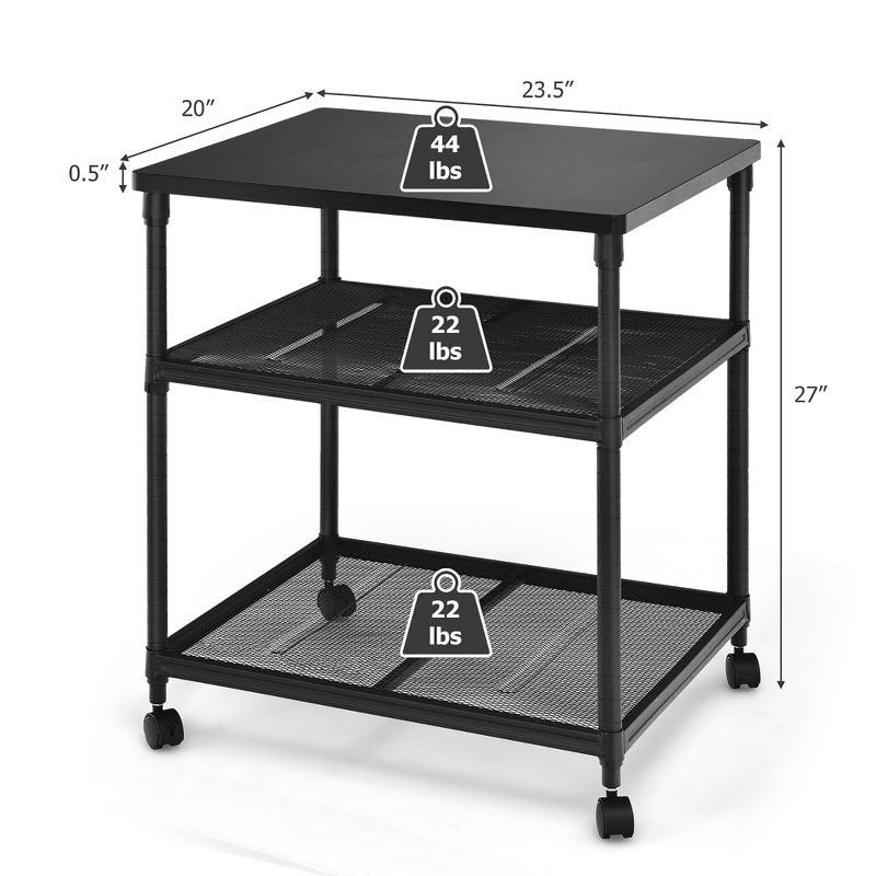 Costway 3-Tier Printer Stand Rolling Fax Cart w/ Adjustable Shelf & Swivel Wheel, 4 of 11