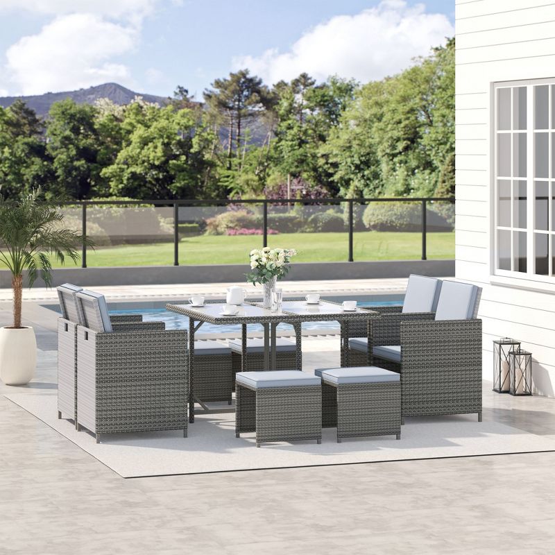 Outsunny 9 Pieces Patio Wicker Dining Sets, Space Saving Outdoor Sectional Conversation Set, with Dining Table and Chair & Cushioned for Lawn Garden Backyard, 3 of 9