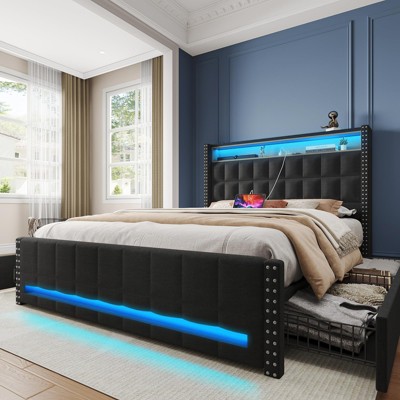 Upholstered Platform Bed Frame with Charging Station, Drawers & LED Headboard