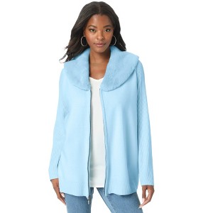 Roaman's Faux Fur Collar Cardigan Sweater. - 1 of 4
