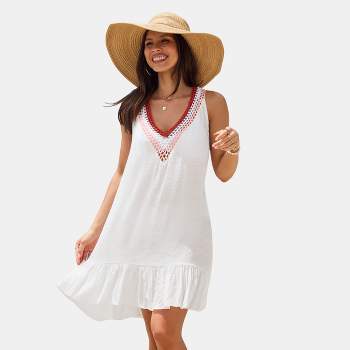 Women's White & Crochet V-Neck Mini Cover-Up Dress - Cupshe