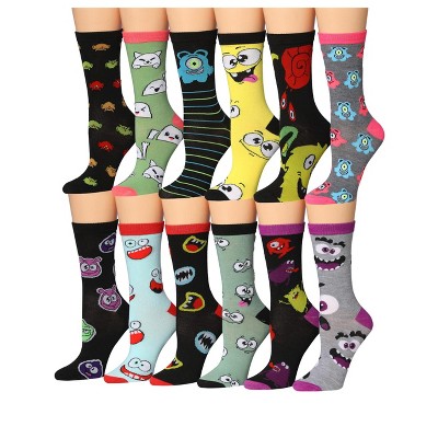 Tipi Toe Women's 12 Pairs Lightweight Colorful Cartoon Funny Eye Monster Face Patterned Crew Socks