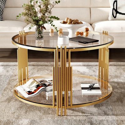 HTUTWOO 31.5" Brown Glass Coffee Table, Modern Cocktail Table Asymmetrical Metal, Circular Metal Drum Base With Lower Shelf For Living Room