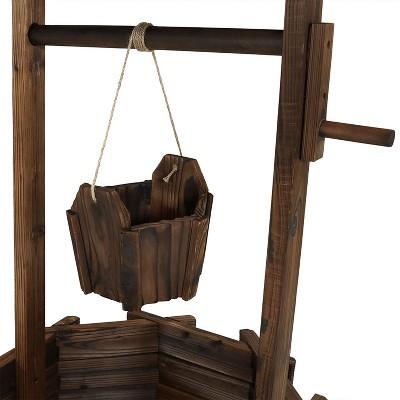 Brown Fir Wood Wishing Well Garden Planter with Hanging Bucket