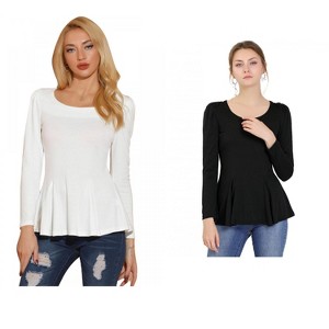 Allegra K Women's Long Sleeve Scoop Neck Casual Peplum Shirt 2 Packs - 1 of 4