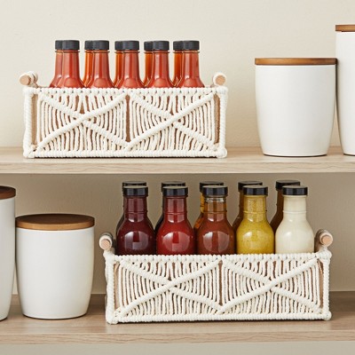 Ivory Macrame Rectangular Storage Baskets with Wood Handles, Set of 2