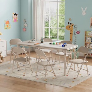 Boys and Girls Folding Table and Chairs Set of 3, Portable Table and Chair with Pu Soft Cushion, Suitable for Eating, Reading and Playing - 1 of 2