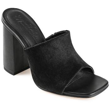Journee Signature Womens Genuine Leather Deena Slip On Block Heel Open Square Toe Sandals