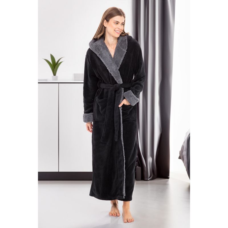 Women's Warm Robe, Plush Fleece Full Length Long Hooded Bathrobe, 3 of 8
