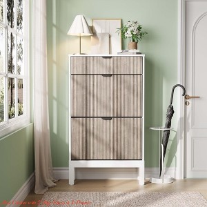 Shoe Cabinet w/2 Flip Doors & 1 Drawer, Entrance Wooden Shoe Rack w/ Iron Legs, Slim Shoe Storage Cabinet, Modern Fluted Shoe Organizer - 1 of 4