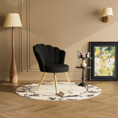 Black velvet decorative chair with gold metal legs, powder room vanity chair, living room upholstered guest chair