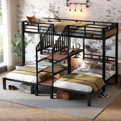Lycvki Black Metal Bunk Bed with Storage Shelves and Stairs