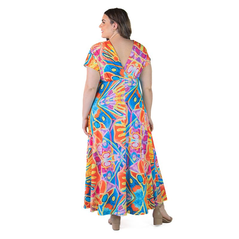 24seven Comfort Apparel Plus Size Multicolor Print V Neck Cap Sleeve Flowy Empire Waist Maxi Dress, 3 of 7
