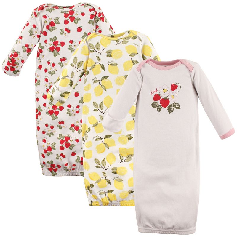 Hudson Baby Infant Girl Cotton Long-Sleeve Gowns 3pk, Strawberry Lemon, 0-6 Months, 1 of 3