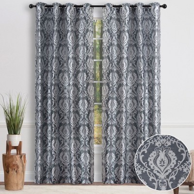 Blue Jacquard Damask Room-Darkening Grommet Curtain Panels, 52x63 Inches