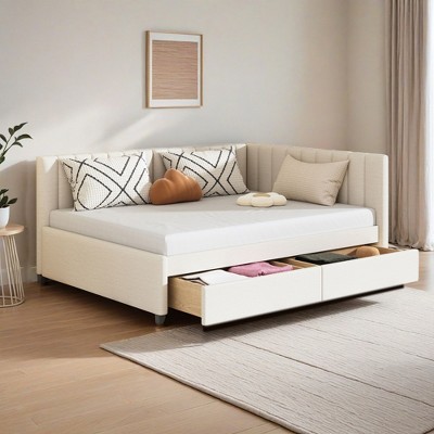 Modern Full Size Linen Upholstered Daybed with 2 Storage Drawers,Sofa Bed with Backrest and Armrests - Leovsnove