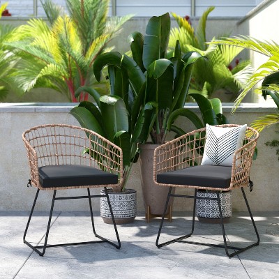 Natural Rattan Rope Patio Chair with Black Cushions